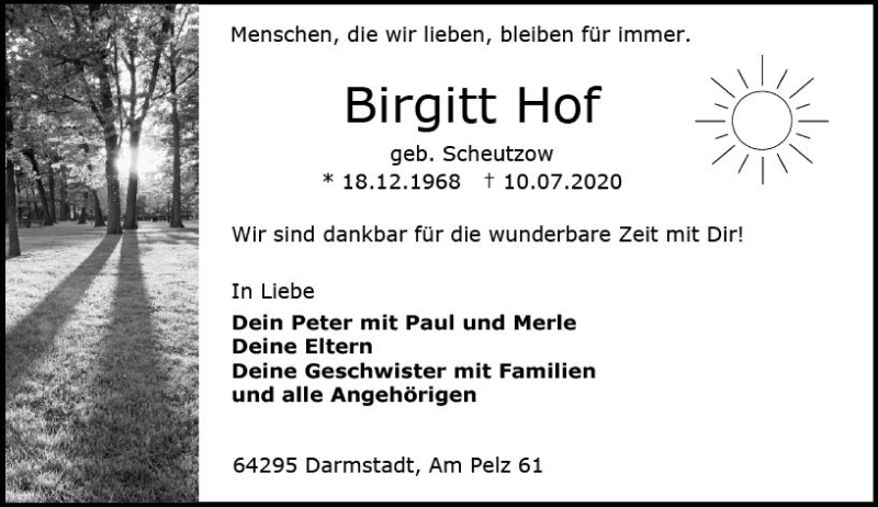  Traueranzeige für Birgitt Hof vom 18.07.2020 aus vrm-trauer