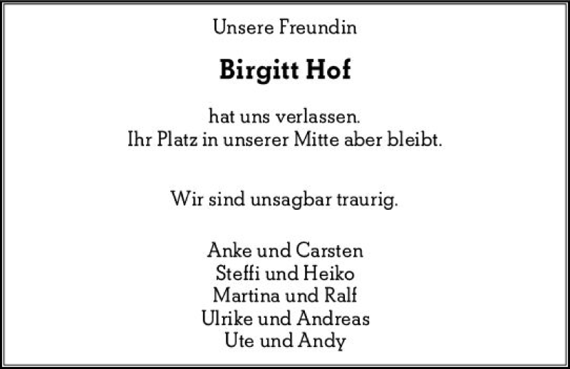  Traueranzeige für Birgitt Hof vom 18.07.2020 aus vrm-trauer