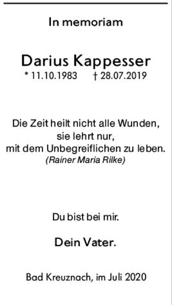  Traueranzeige für Darius Kappesser vom 28.07.2020 aus vrm-trauer