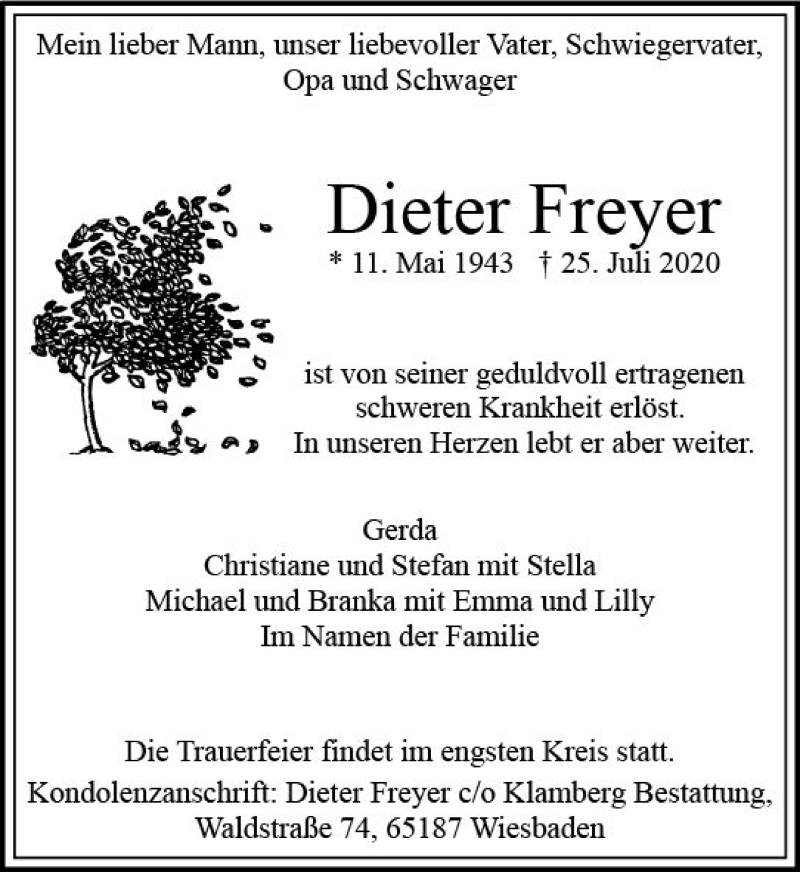  Traueranzeige für Dieter Freyer vom 01.08.2020 aus vrm-trauer