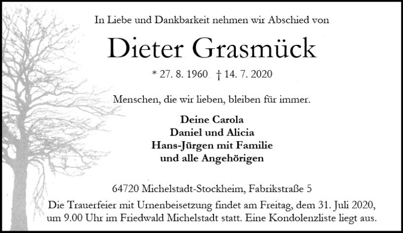  Traueranzeige für Dieter Grasmück vom 18.07.2020 aus vrm-trauer