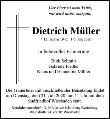 Traueranzeige von Dietrich Müller von vrm-trauer