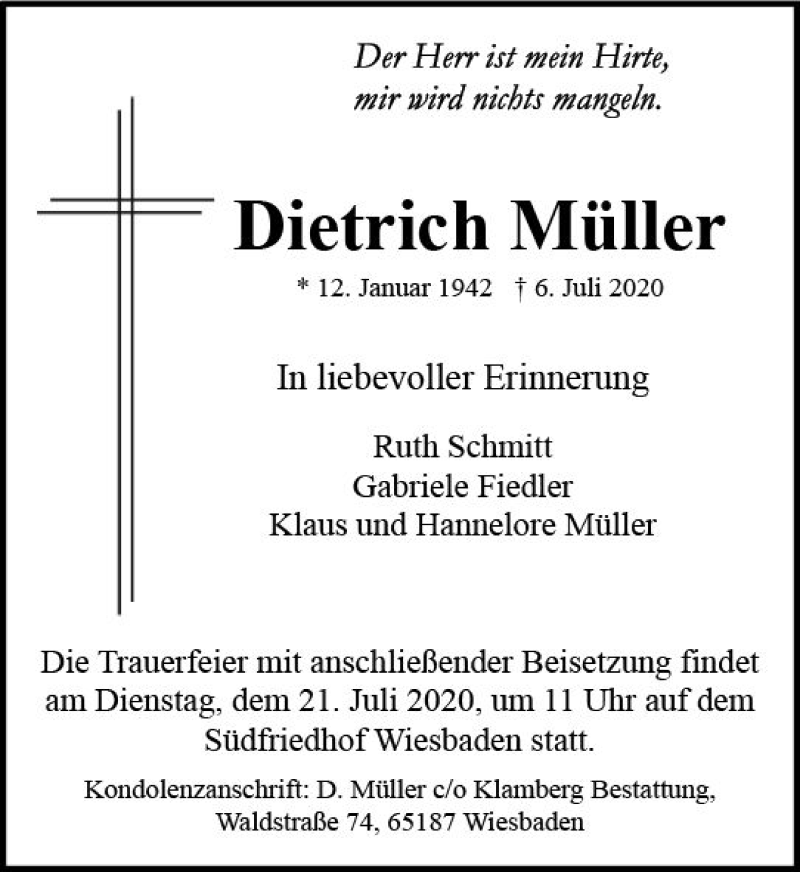  Traueranzeige für Dietrich Müller vom 18.07.2020 aus vrm-trauer