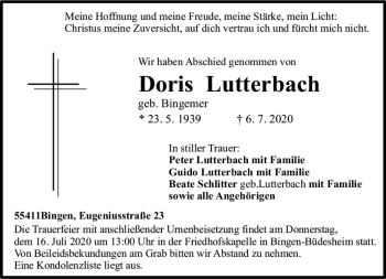 Traueranzeige von Doris Lutterbach von vrm-trauer