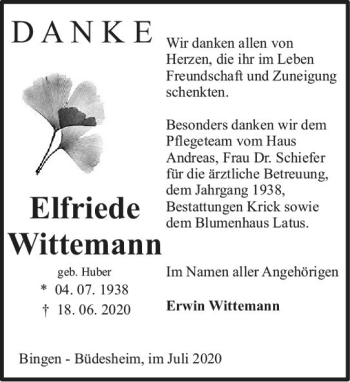 Traueranzeige von Elfriede Wittemann von vrm-trauer