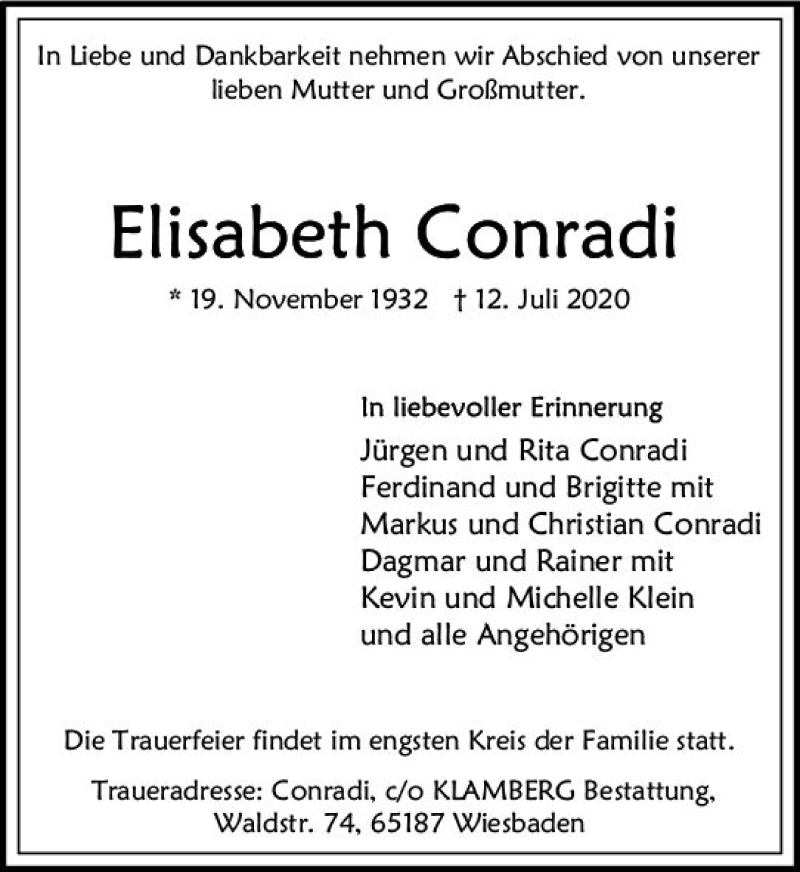  Traueranzeige für Elisabeth Conradi vom 18.07.2020 aus vrm-trauer