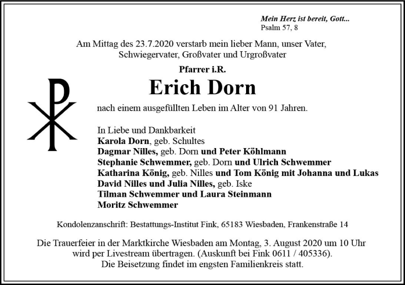  Traueranzeige für Erich Dorn vom 29.07.2020 aus vrm-trauer