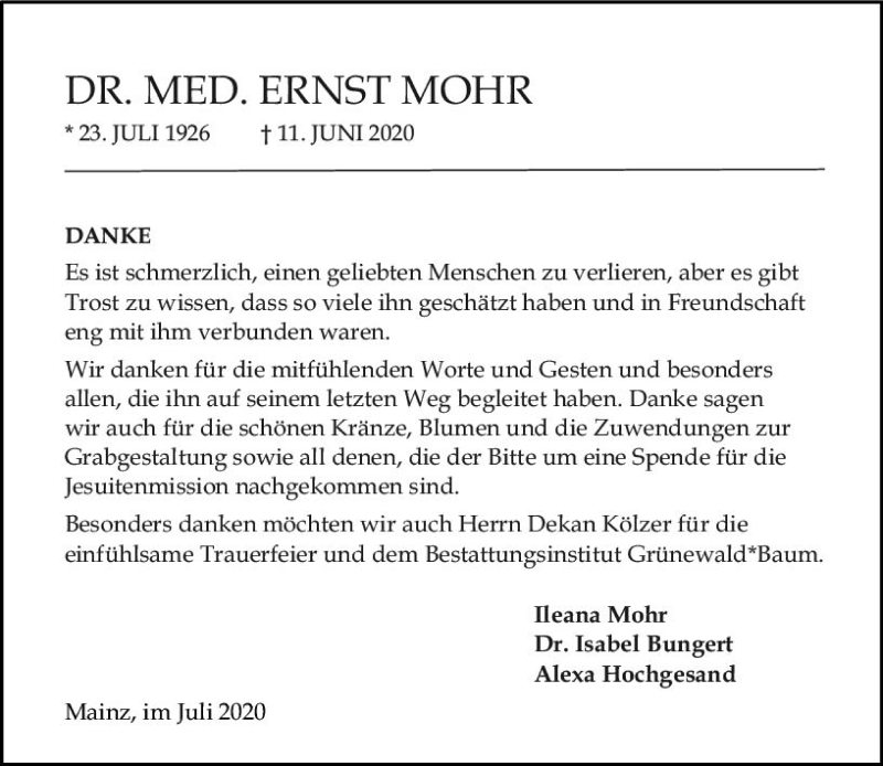  Traueranzeige für Ernst Mohr vom 18.07.2020 aus vrm-trauer
