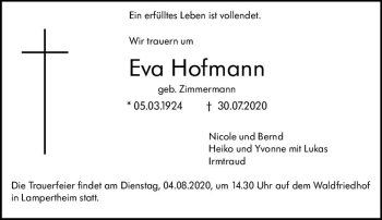 Traueranzeige von Eva Hofmann von vrm-trauer