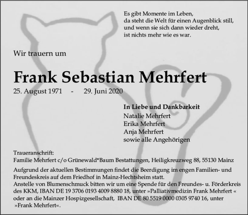  Traueranzeige für Frank Sebastian Mehrfert vom 11.07.2020 aus vrm-trauer