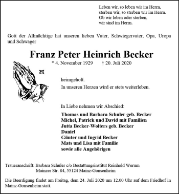 Traueranzeige von Franz Peter Heinrich Becker von vrm-trauer