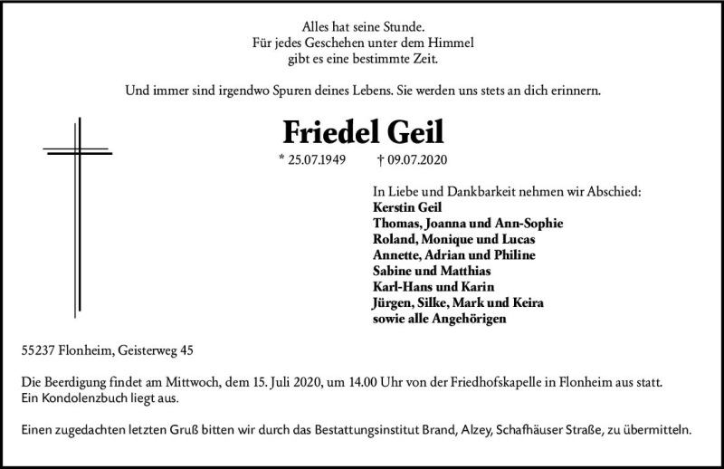  Traueranzeige für Friedel Geil vom 11.07.2020 aus vrm-trauer