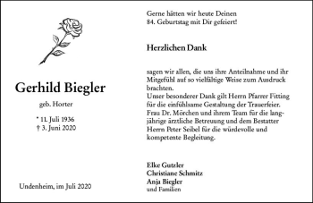 Traueranzeige von Gerhield Biegler von vrm-trauer