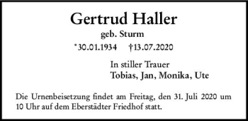 Traueranzeige von Gertrud Haller von vrm-trauer