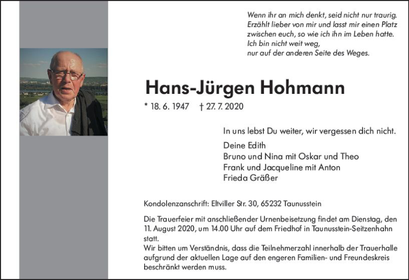  Traueranzeige für Hans-Jürgen Hohmann vom 01.08.2020 aus vrm-trauer