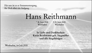 Traueranzeige von Hans Reithmann von vrm-trauer