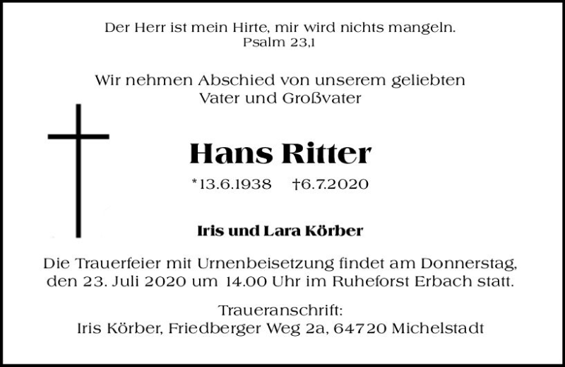 Traueranzeige für Hans Ritter vom 18.07.2020 aus vrm-trauer