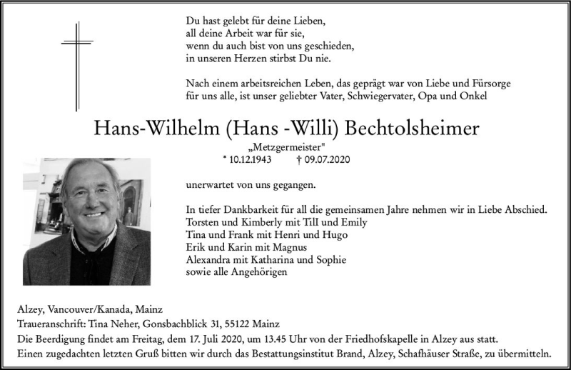  Traueranzeige für Hans-Wilhelm Bechtolsheimer vom 16.07.2020 aus vrm-trauer