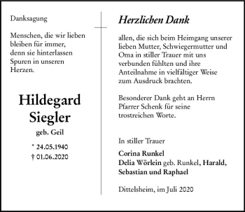 Traueranzeige von Hildegard Siegler von vrm-trauer