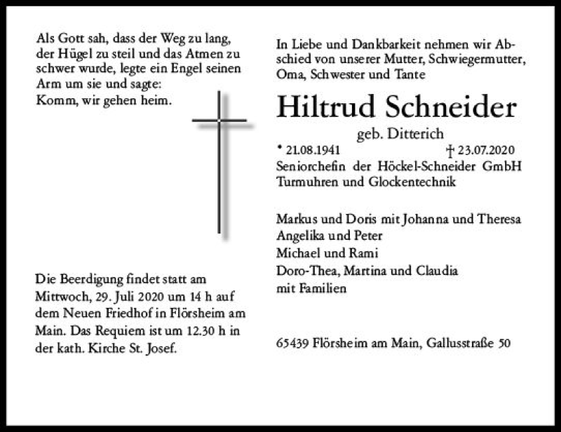  Traueranzeige für Hiltrud Schneider vom 25.07.2020 aus vrm-trauer