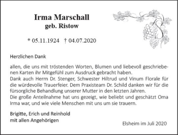 Traueranzeige von Irma Marschall von vrm-trauer
