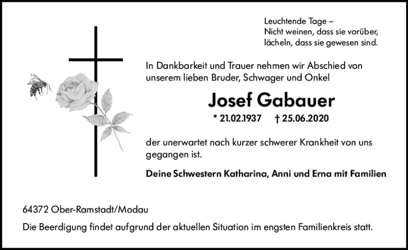  Traueranzeige für Josef Gabauer vom 04.07.2020 aus vrm-trauer