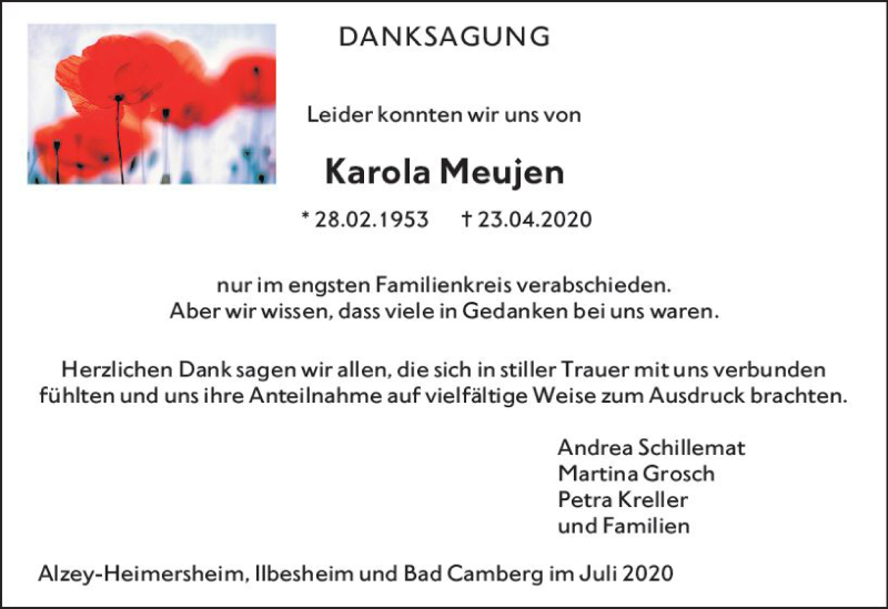  Traueranzeige für Karola Meujen vom 04.07.2020 aus vrm-trauer