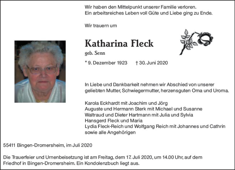  Traueranzeige für Katharina Fleck vom 11.07.2020 aus vrm-trauer