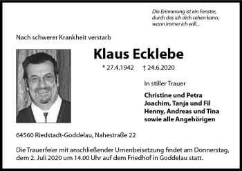Traueranzeige von Klaus Ecklebe von vrm-trauer
