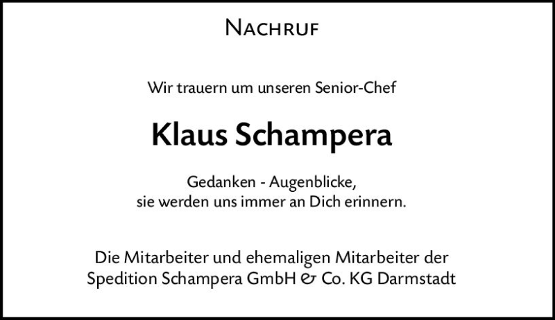  Traueranzeige für Klaus Schampera vom 04.07.2020 aus vrm-trauer