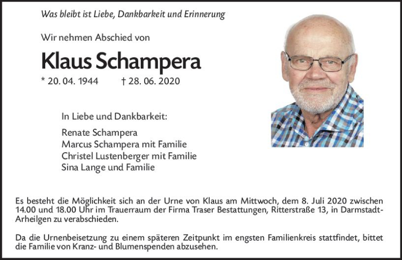  Traueranzeige für Klaus Schampera vom 04.07.2020 aus vrm-trauer