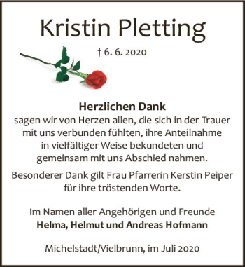 Traueranzeige von Kristin Pletting von vrm-trauer