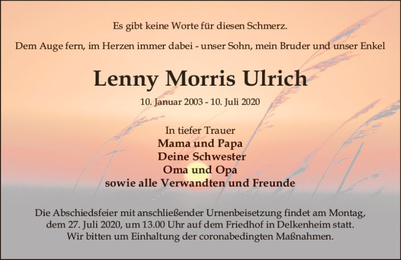  Traueranzeige für Lenny Morris Ulrich vom 22.07.2020 aus vrm-trauer
