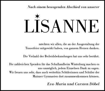 Traueranzeige von Lisanne  von vrm-trauer