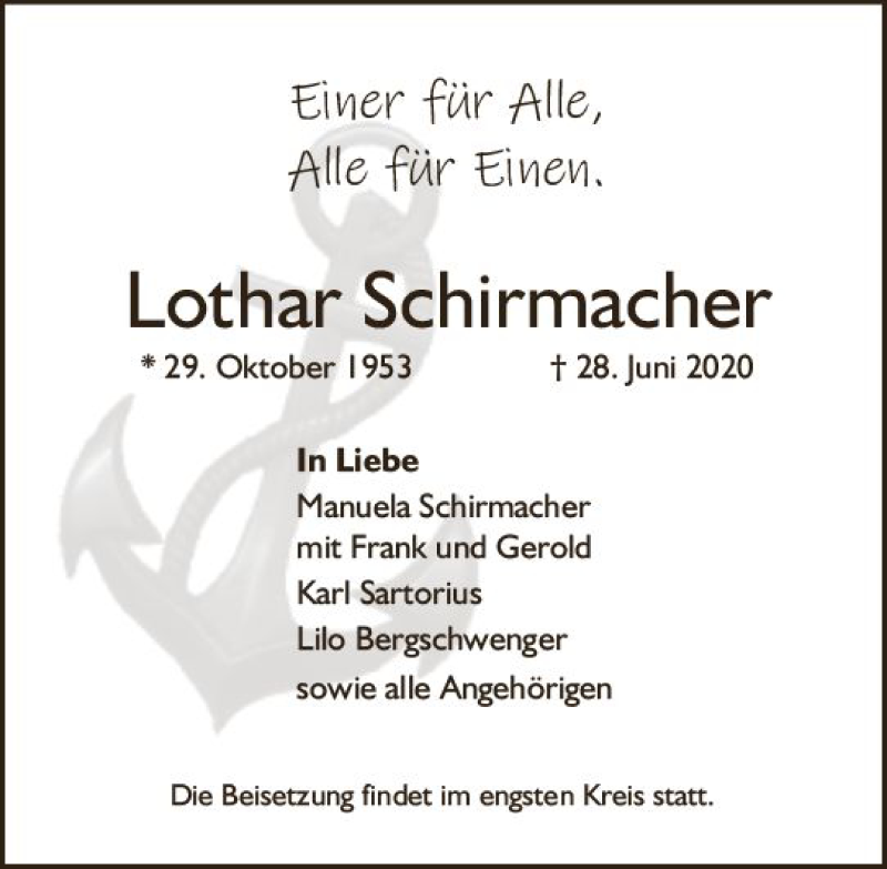  Traueranzeige für Lothar Schirmacher vom 11.07.2020 aus vrm-trauer