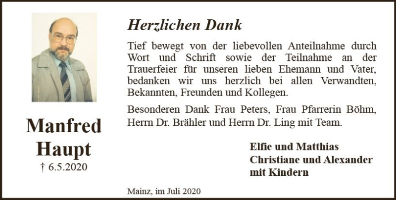  Traueranzeige für Manfred Haupt vom 04.07.2020 aus vrm-trauer