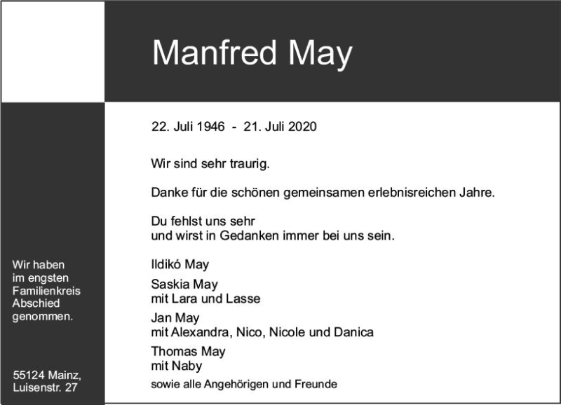  Traueranzeige für Manfred May vom 01.08.2020 aus vrm-trauer