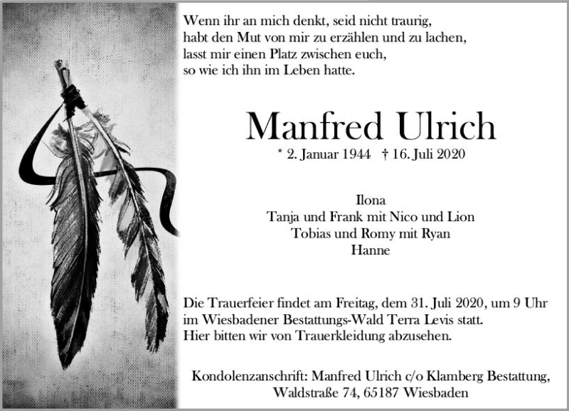  Traueranzeige für Manfred Ulrich vom 25.07.2020 aus vrm-trauer