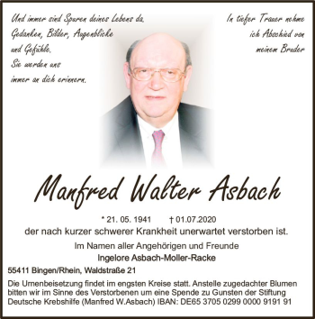 Traueranzeige von Manfred Walter Asbach von vrm-trauer