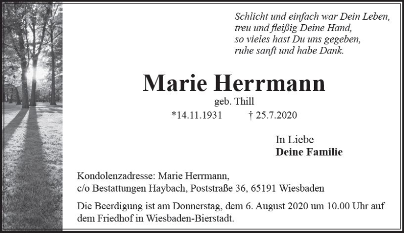  Traueranzeige für Marie Herrmann vom 01.08.2020 aus vrm-trauer