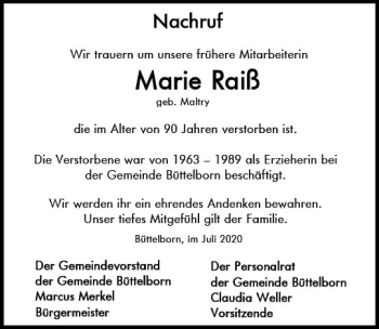 Traueranzeige von Marie Raiß von vrm-trauer