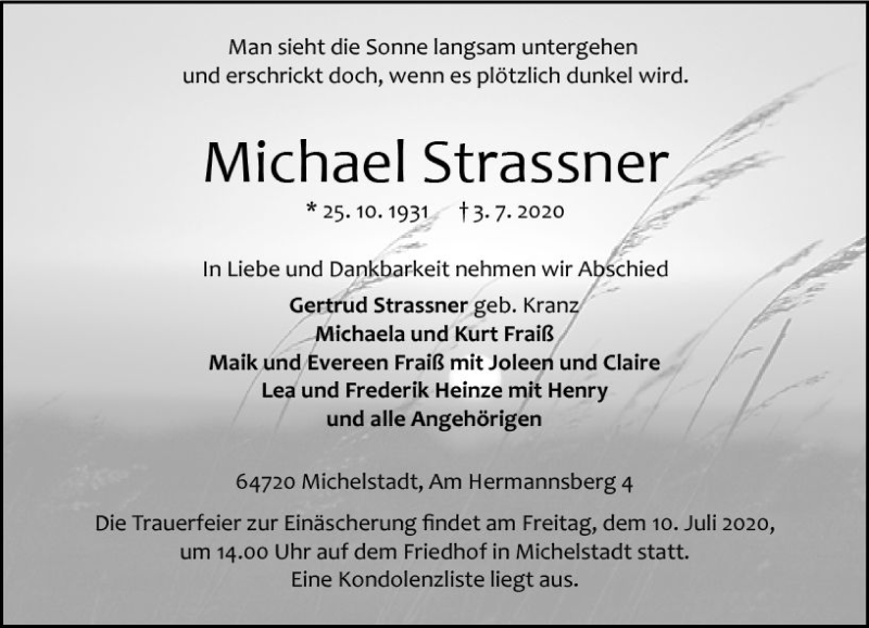  Traueranzeige für Michael Strassner vom 08.07.2020 aus vrm-trauer