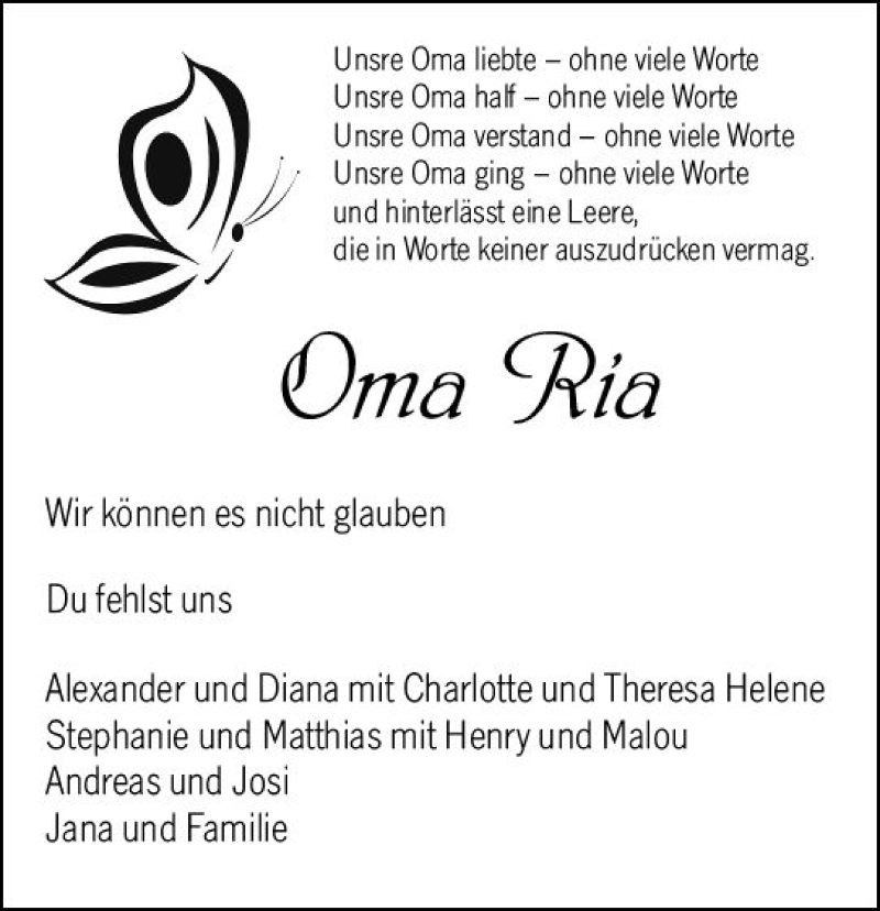  Traueranzeige für Oma Ria  vom 04.07.2020 aus vrm-trauer