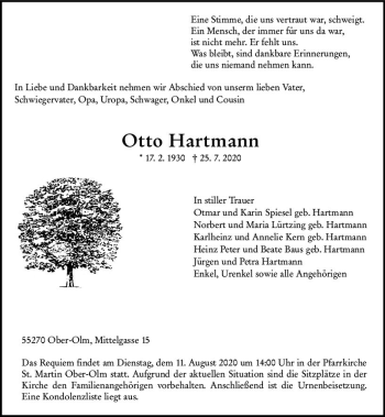 Traueranzeige von Otto Hartmann von vrm-trauer