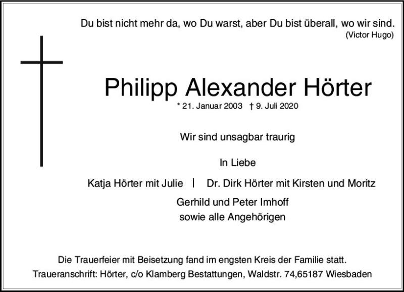  Traueranzeige für Philipp Alexander Hörter vom 25.07.2020 aus vrm-trauer