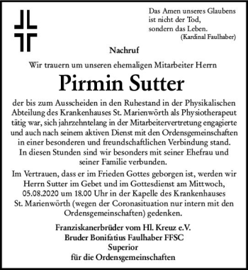 Traueranzeige von Pirmin Sutter von vrm-trauer