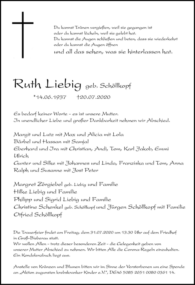  Traueranzeige für Ruth Liebig vom 25.07.2020 aus vrm-trauer