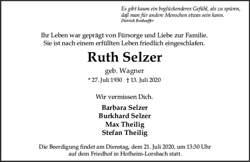  Traueranzeige für Ruth Selzer vom 17.07.2020 aus vrm-trauer
