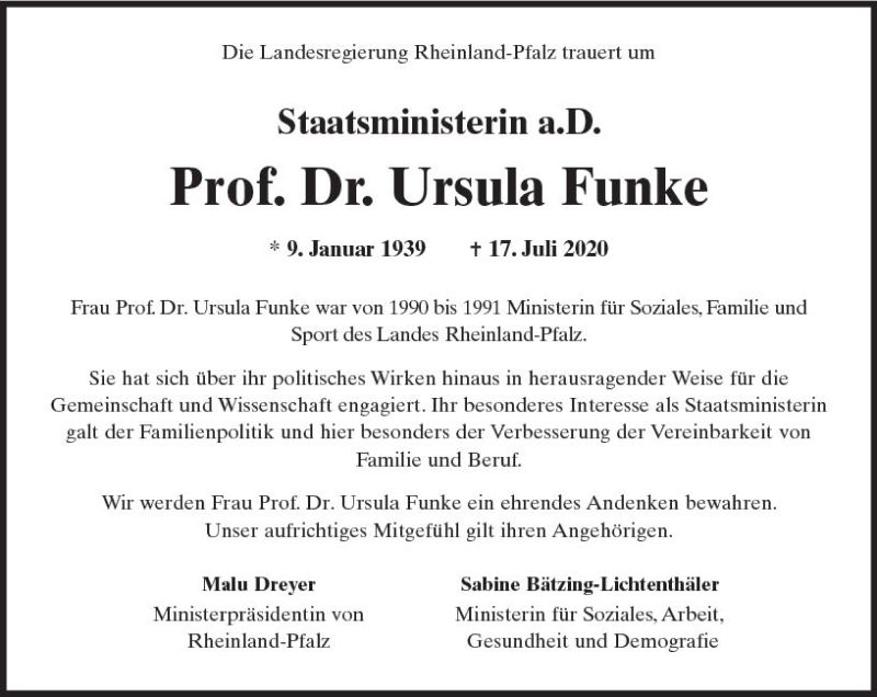  Traueranzeige für Ursula Funke vom 01.08.2020 aus vrm-trauer