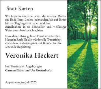 Traueranzeige von Veronika Heckert von vrm-trauer